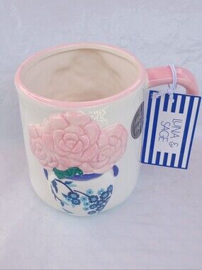 Luna & Sage 3D Pink Floral Ceramic Mug Hand Painted NWT 🎁